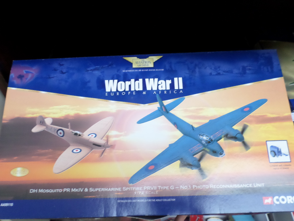 Corgi Aviation Archive WW II boxed mint models of a Mosquito and Spitfire reconnaissance aircraft