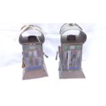 Most decorative small pair of metal framed coloured glass hanging lamps