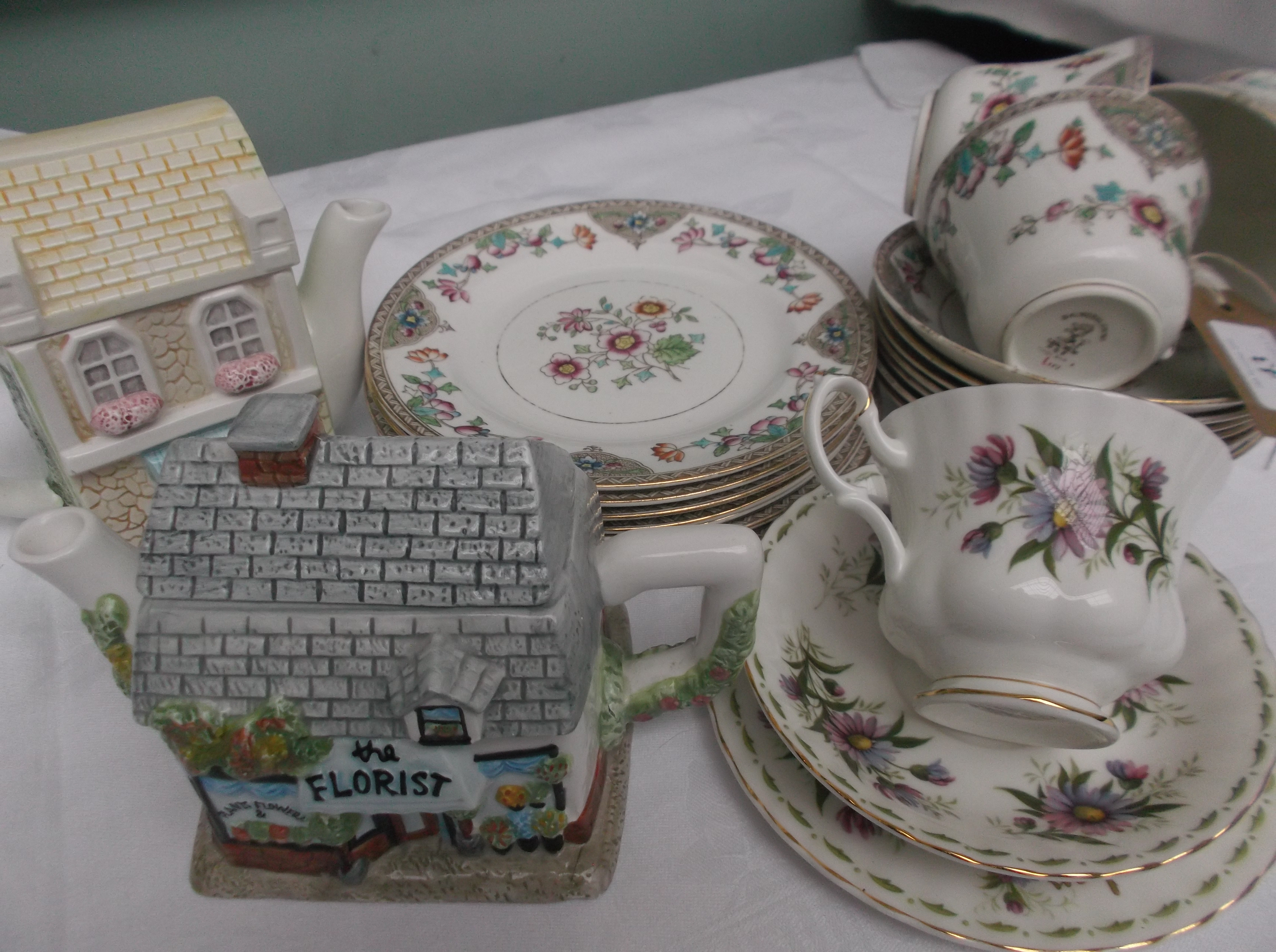 Part Balmoral china tea service, pair of cottage teapots etc.