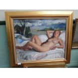 Gilt framed oil on canvas of a sleeping nude ex. M.