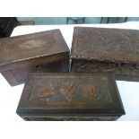 2 small ornately carved oak storage boxes and another with musical inset attachment