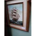 Oak framed hunting print of the Foxton Meet and another framed oil on board of a sailing clipper