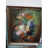 Gilt framed oil on board of a bowl of mixed vivid coloured flowers (unsigned)