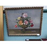 Gilt framed oil on board of a bowl of coloured roses signed Winifred Potter
