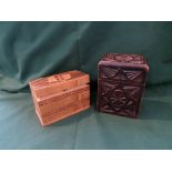 Carved double compartment 'Bridge' card box and another similar inlaid card box