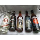 Tom Morgans bottle of dark rum and 2 others, bottles of rum, large Havana bottle of white rum,