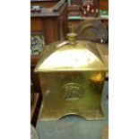 Ornate handled lidded brass coal container with trowel