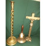 Single twist stemmed candleholder, brass crucifix,