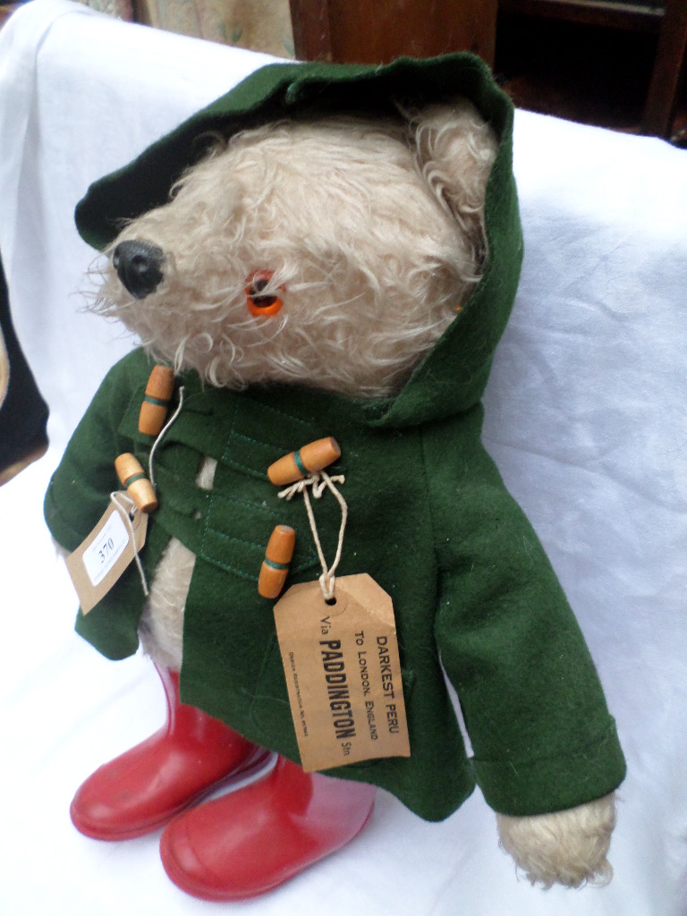 Paddington Bear with felt green overjacket, and red wellies, - Image 2 of 2