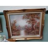 Gilt framed copy oil signed Cafiera of riverside woodland scene