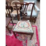 Mahogany dining chair, the loose padded seat in patterned needlework finish,