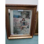 Gilt framed Pears print of spring garden scene of 2 young girls seated on marble bench