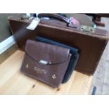 Leather satchels and brown leather carrying case incl. Arch Mariners Grand Officer Apron etc.