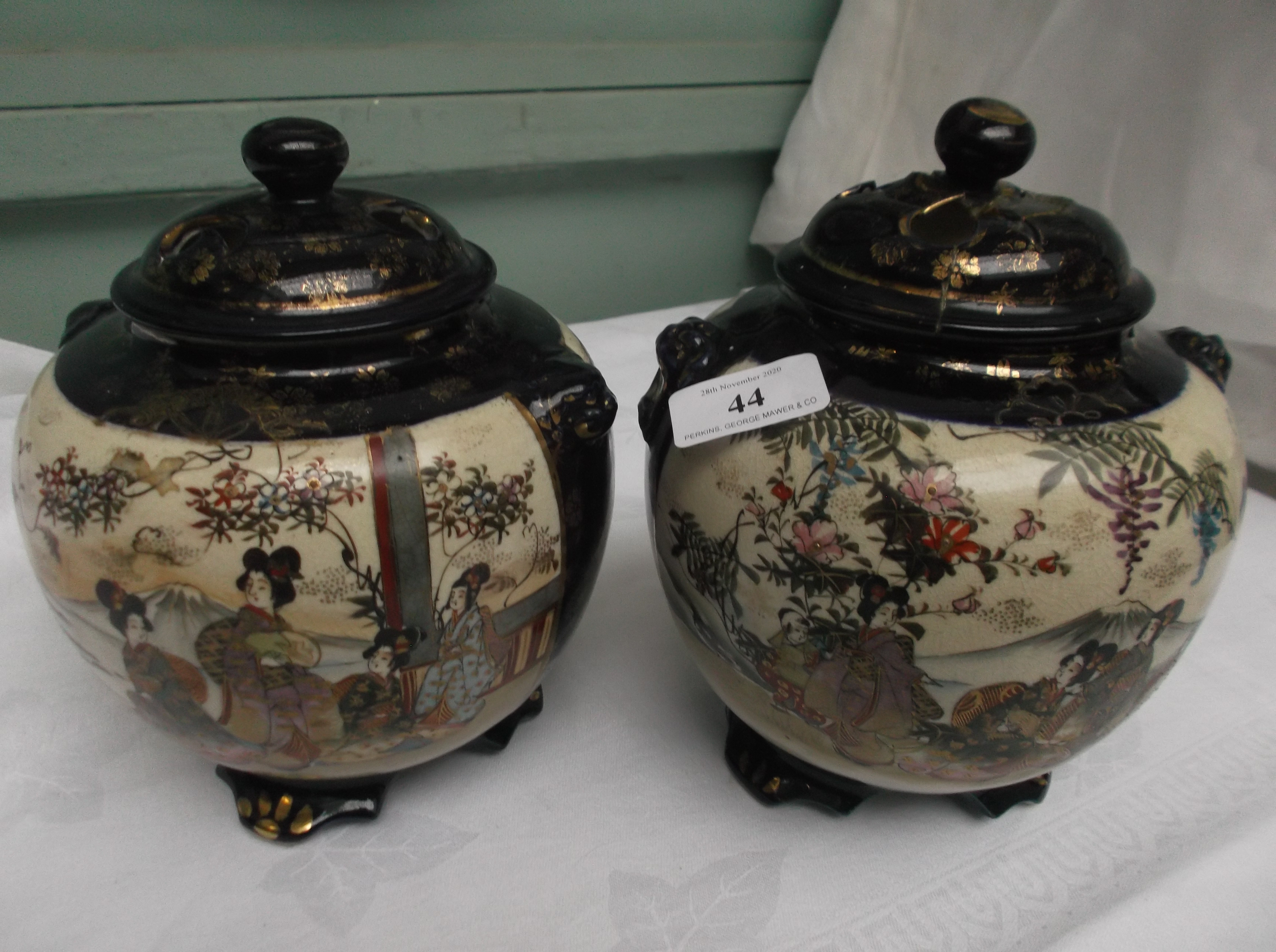 Pair of Oriental cobalt blue and gilt ground pot pourri lidded vases decorated Geisha girls