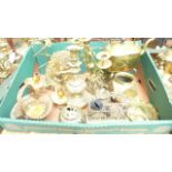 Further tray of brass items incl. a 3 and 2 arm candleholders, brass kettle on stand etc.