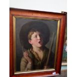 Fine oil on canvas of a youth smoking and blowing smoke rings (unsigned) in contemporary wood and