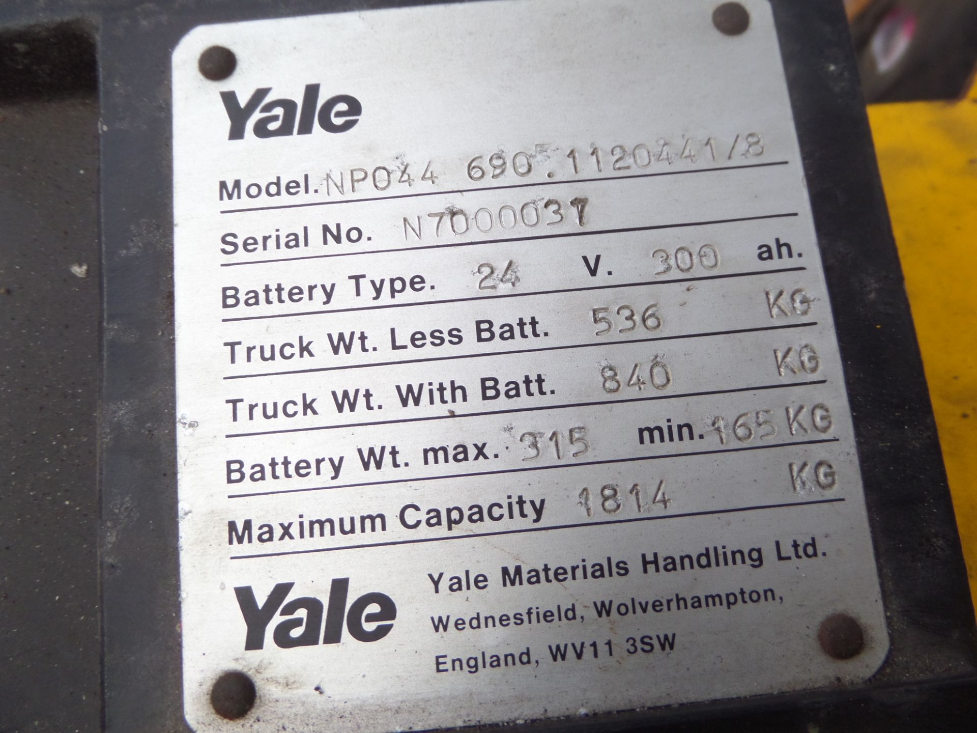 YALE NP044 Plant Electric - VIN: N7000037 - Year: 1988 - . Hours - Electric Pallet Truck - Image 2 of 5