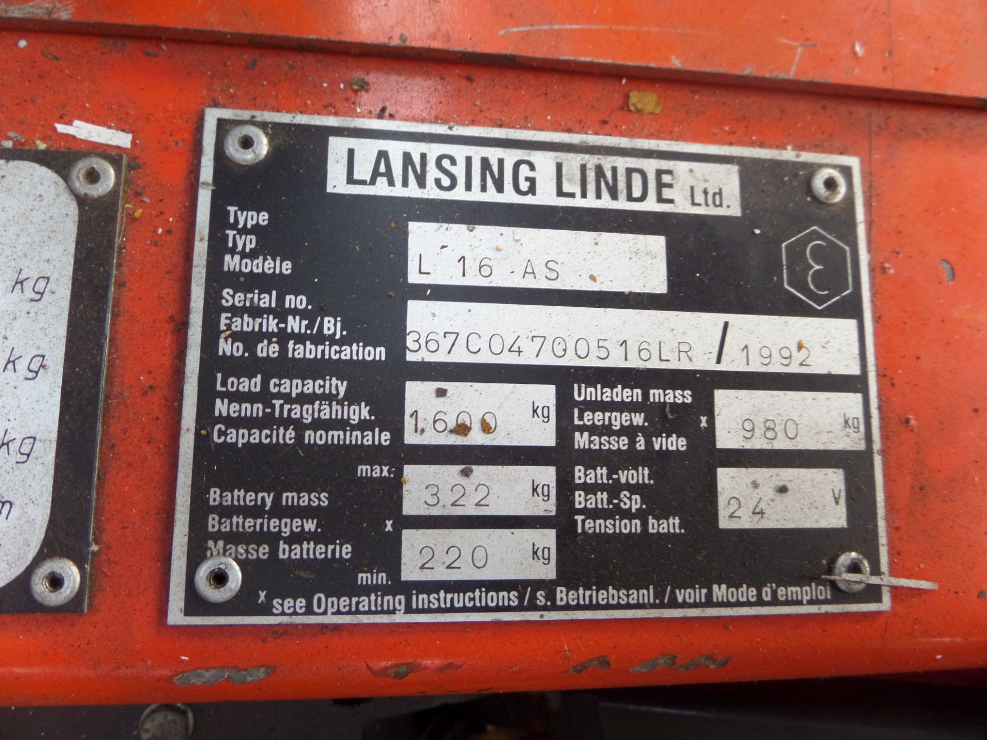 LANSING LINDE L16AS Plant Electric - VIN: 367C4700516LR - Year: 1992 - . Hours - Duplex Stacker - Image 2 of 4
