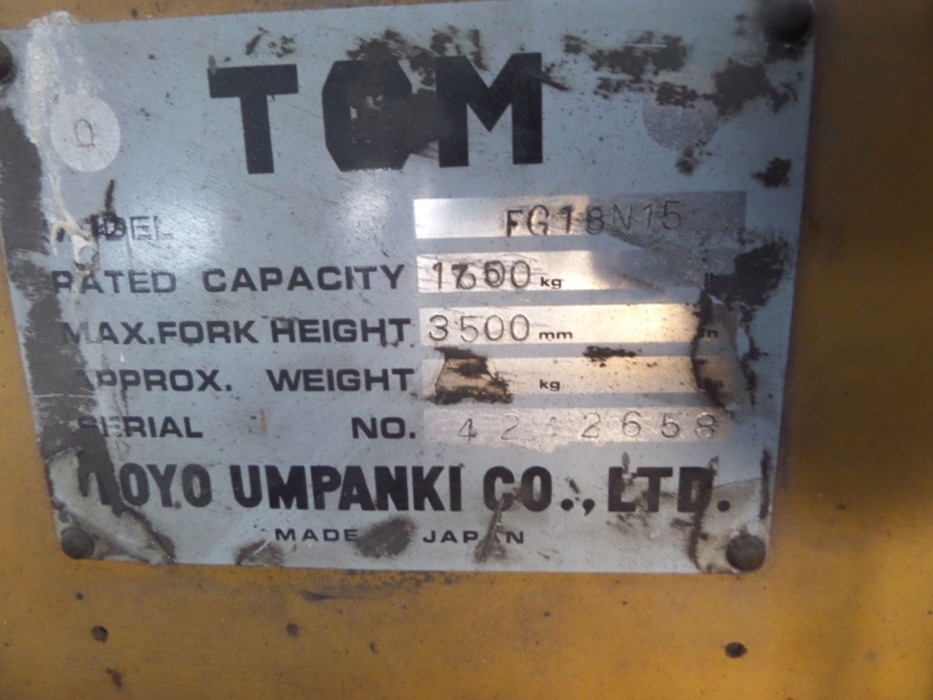 TCM FG18 N15 Plant LPG / CNG - VIN: 4212658 - Year: . - 6,624 Hours - Duplex Forklift - Image 4 of 7