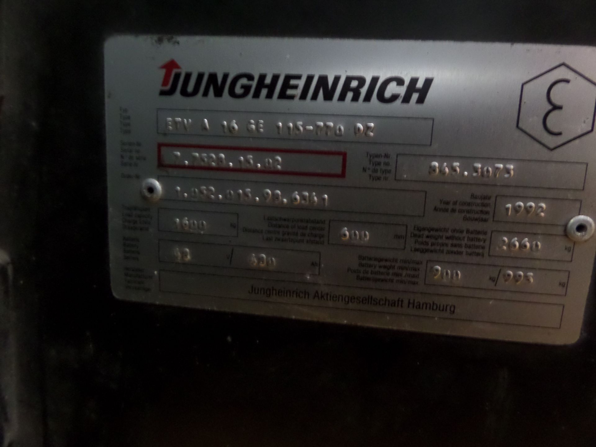 JUNGHEIRICH ETVA16 GE115770D2 Plant Electric - VIN: 775281502 - Year: 1992 - . Hours - Triplex Reach - Image 8 of 8