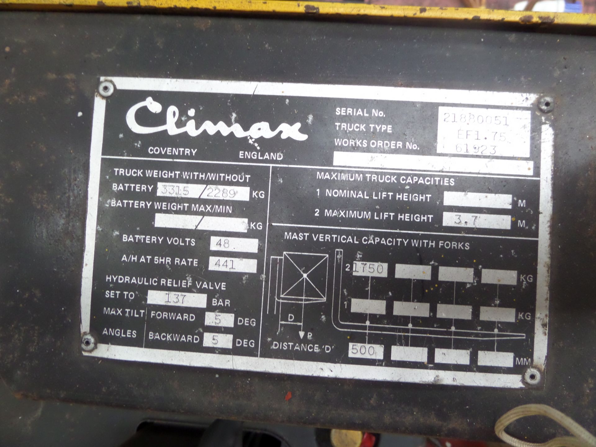 CLIMAX EF1.75 Plant Electric - VIN: 21880051 - Year: . - 5,688 Hours - Duplex Forklift - Image 4 of 6
