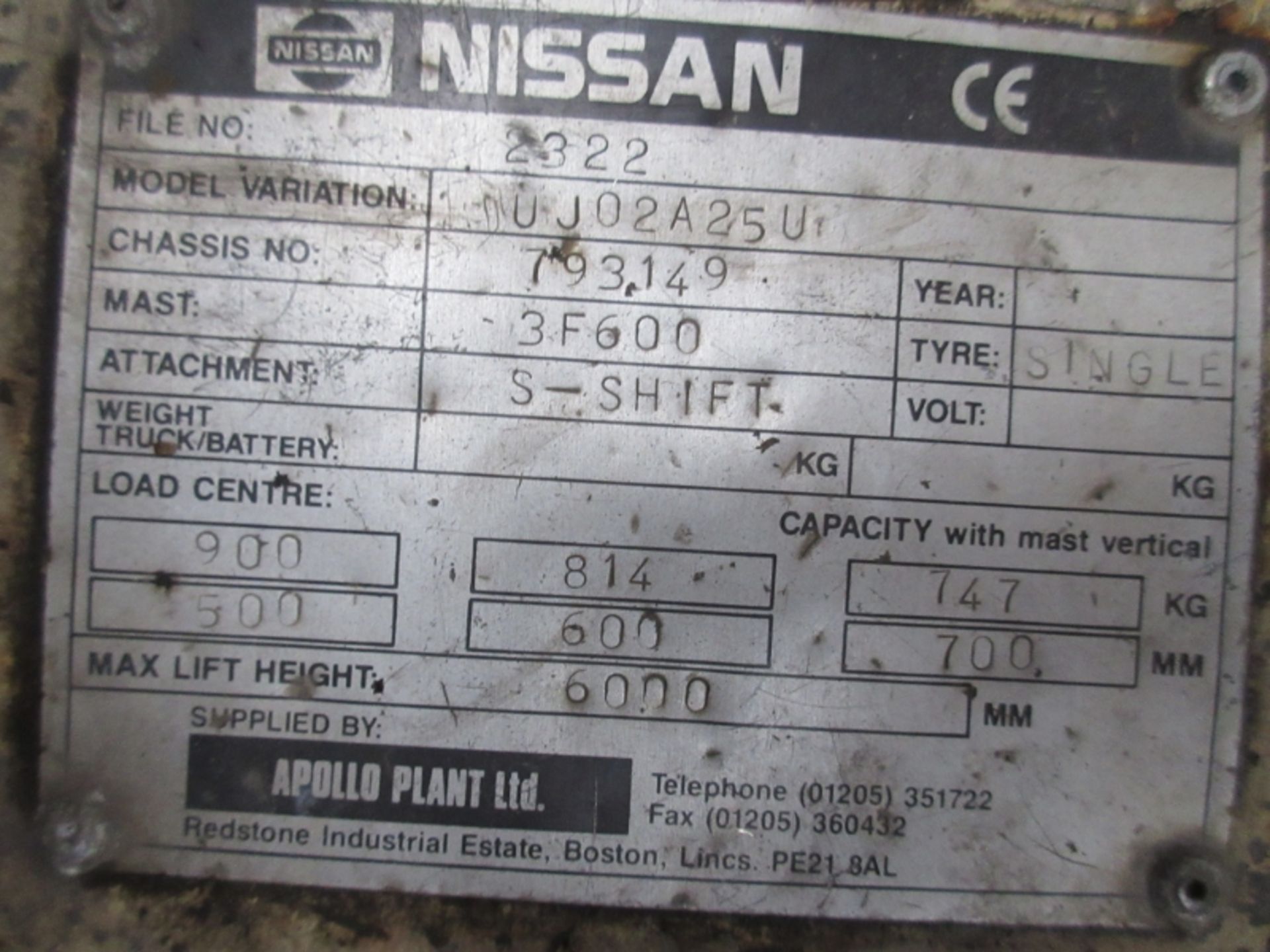 NISSAN UJ02A25U Plant LPG / CNG - VIN: 793149 - 8,920 Hours - Triplex 6M Forklift, Sideshift, R.D.L - Image 6 of 7