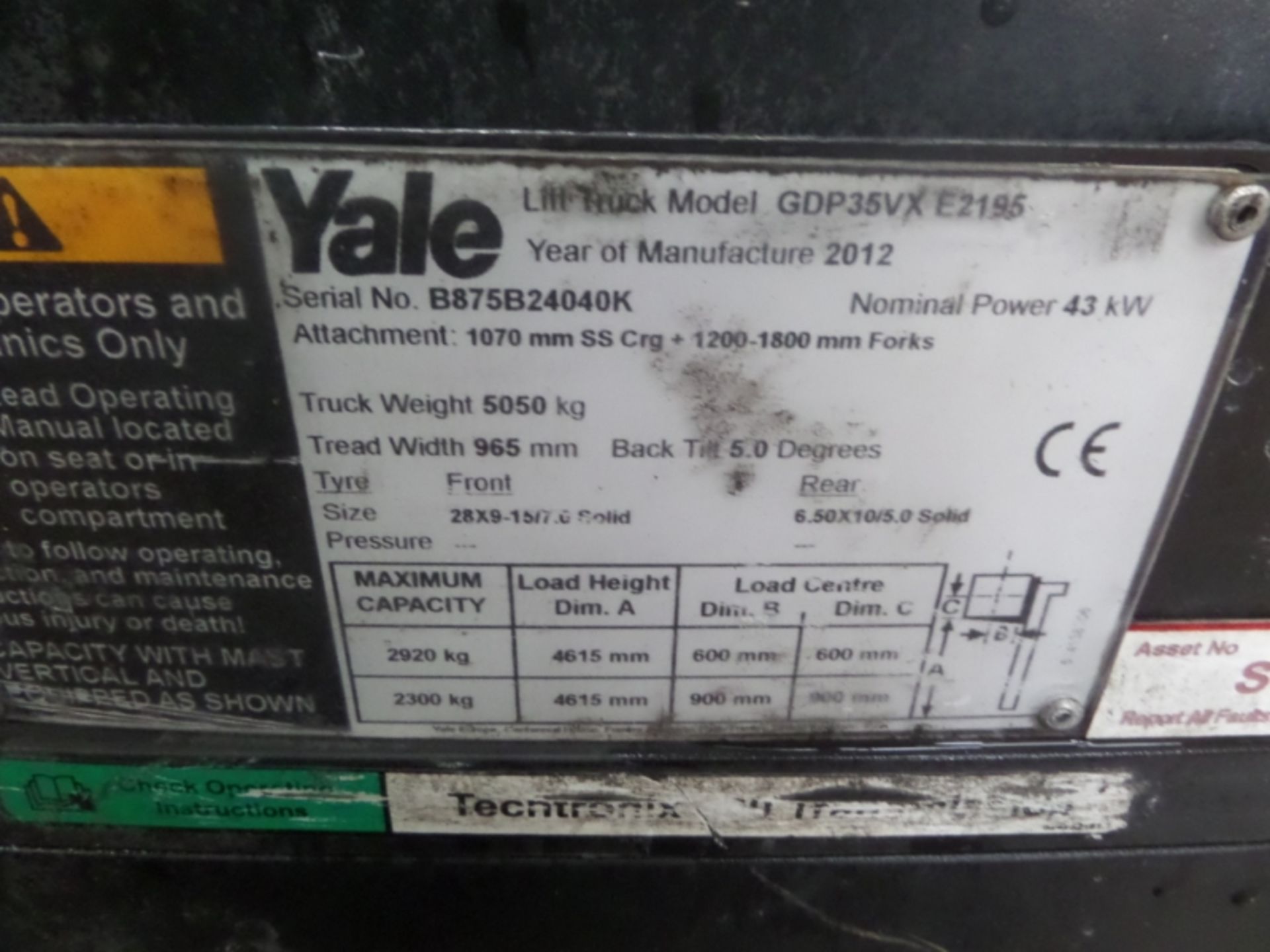 YALE GDP35VX E2195 Plant Diesel - VIN: B875B204040K - Year: 2012 - 5,257 Hours - Triplex Forklift, - Image 7 of 7