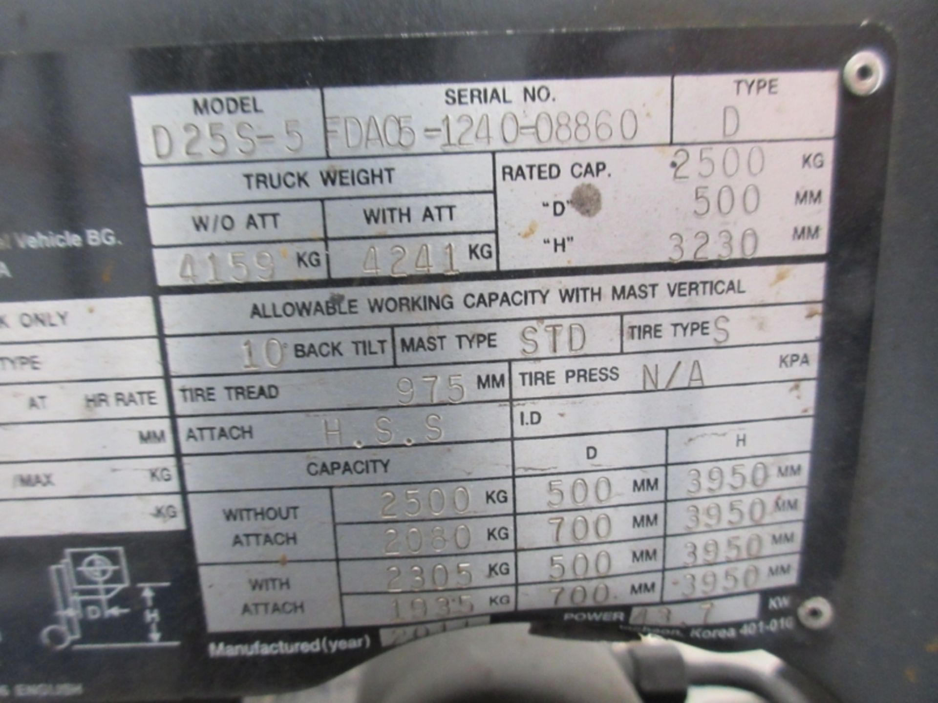 DOOSAN D25S-5 Plant Diesel - VIN: FDA05124008860 - Year: 2011 - no display Hours - Duplex 3.2M - Image 5 of 7