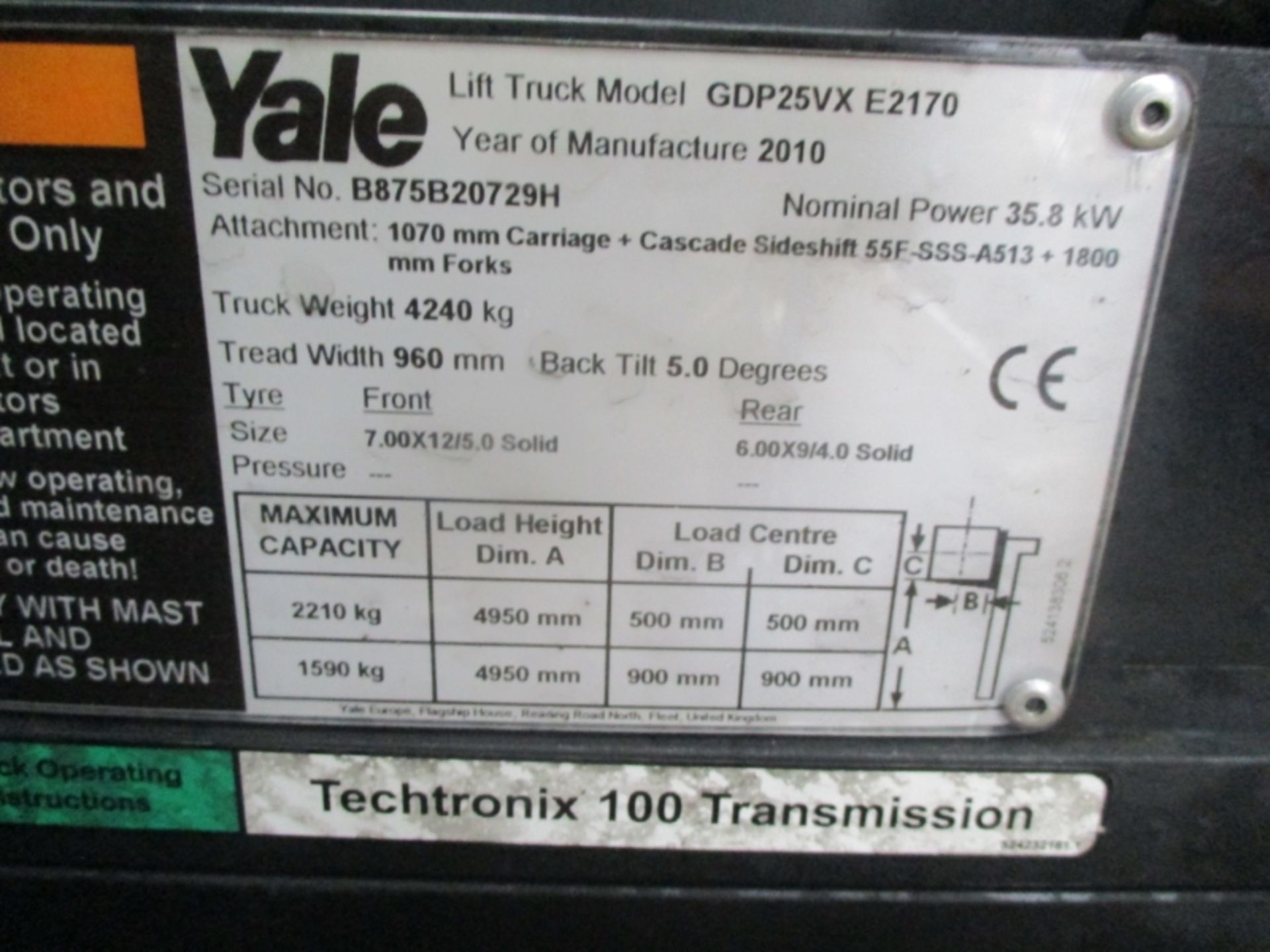 YALE GDP25VX E2170 Plant Diesel - VIN: B875B20729H - Year: 2010 - 1,029 Hours - Triplex Forklift, - Image 7 of 7