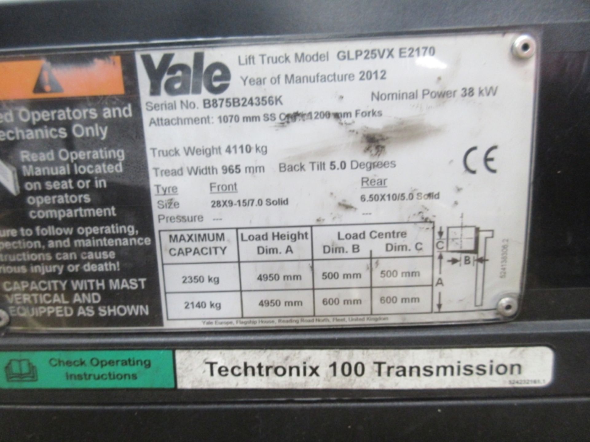 YALE GLP25VX E2170 Plant LPG / CNG - VIN: B875B24356K - Year: 2012 - 19,456 Hours - Triplex 4.9M - Image 5 of 7