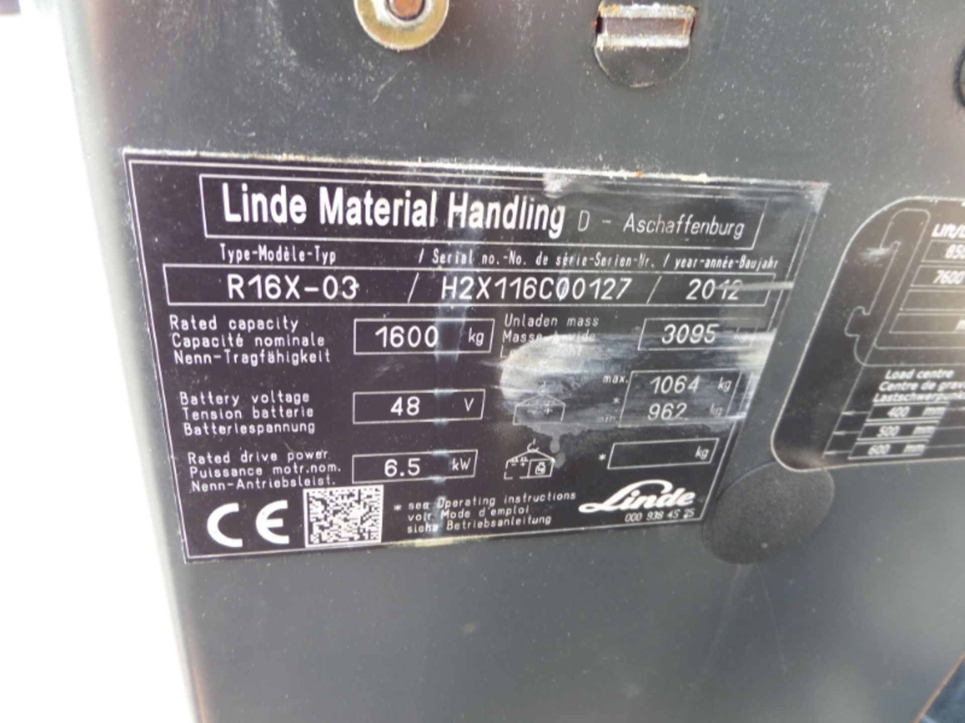 LINDE R16X-03 Plant Electric - VIN: H2X116C00127 - Year: 2012 - 5,511 Hours - Duplex 8.5M Reach - Image 7 of 8