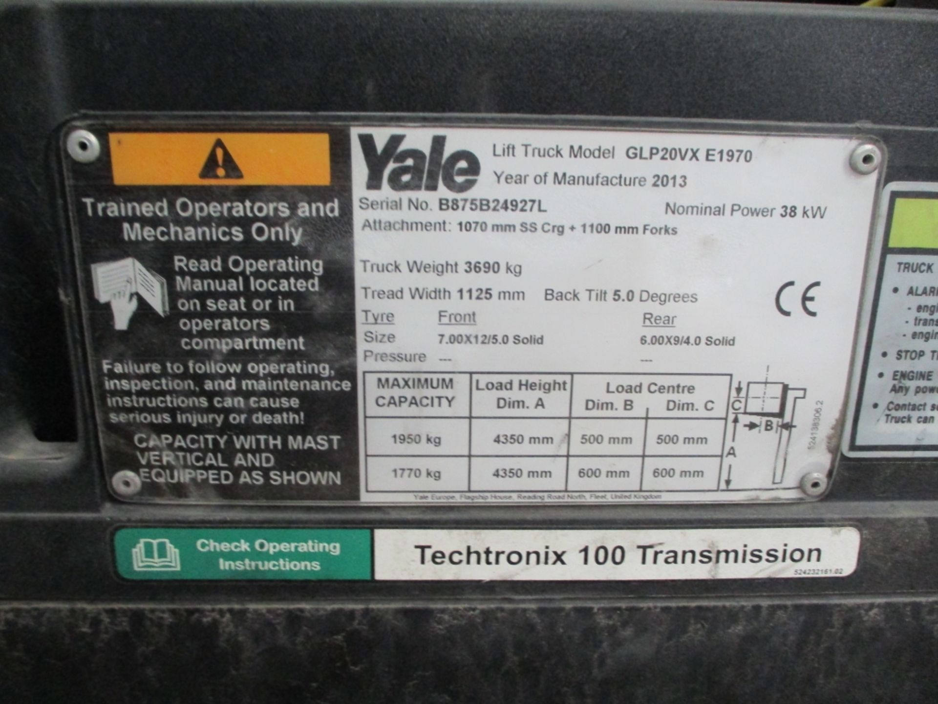 YALE GLP20VX E1970 Plant LPG / CNG - VIN: B875B24927L - Year: 2013 - 2,622 Hours - 4.35M Triplex - Image 4 of 7