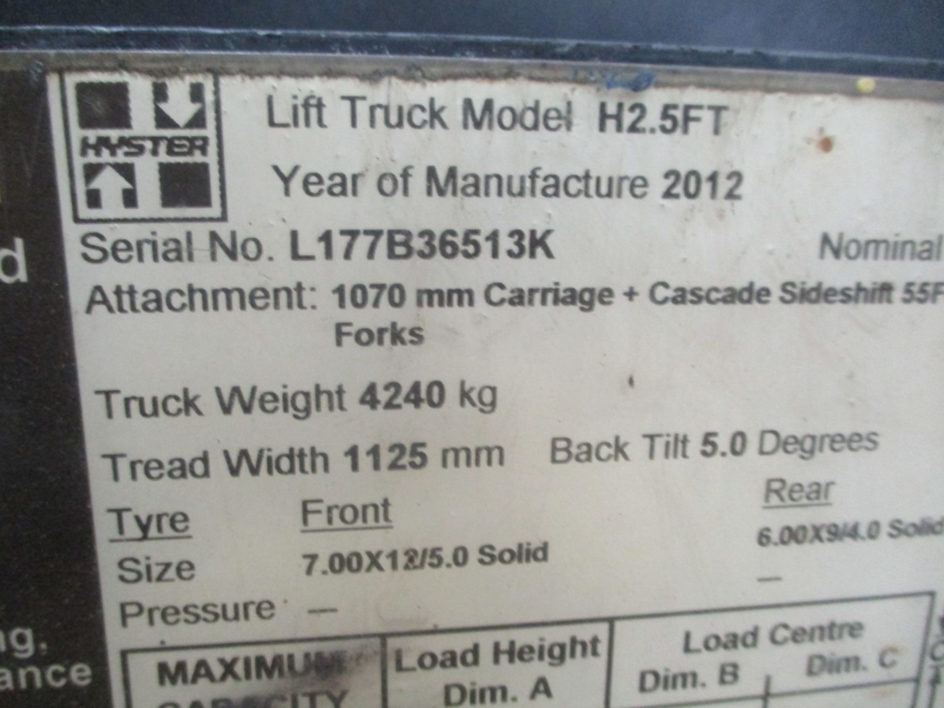 HYSTER H2.5FT Plant Diesel - VIN: L177B36513K - Year: 2012 - 3,096 Hours - Triplex Forklift, - Image 6 of 7