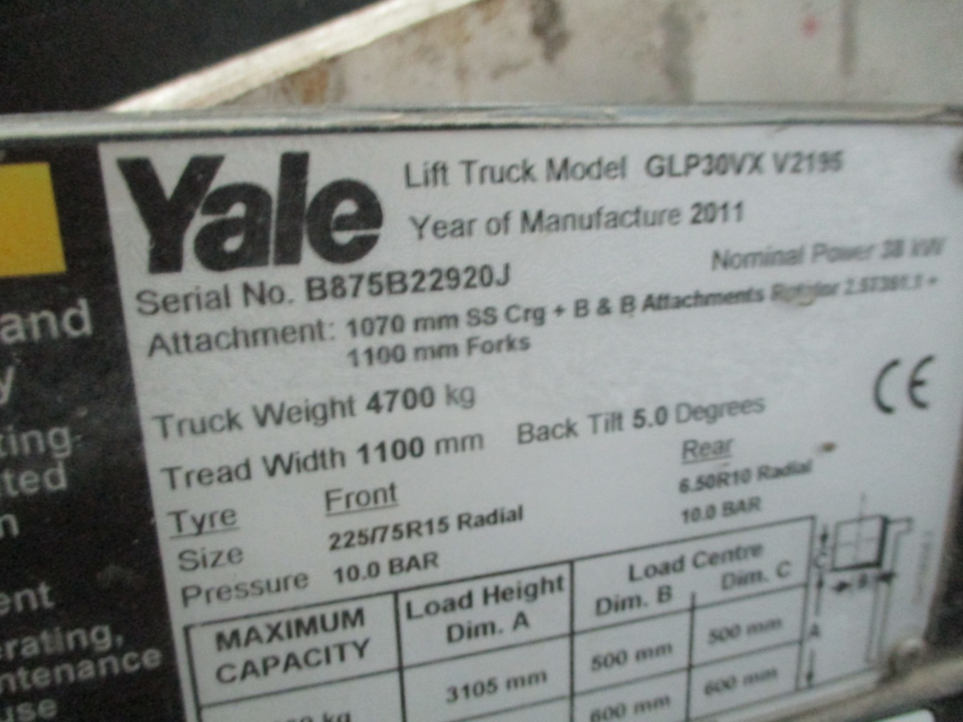 YALE GLP30VX V2195 Plant Diesel - VIN: B875B22920J - Year: 2011 - 6,439 Hours - 3.1M Duplex - Image 4 of 7