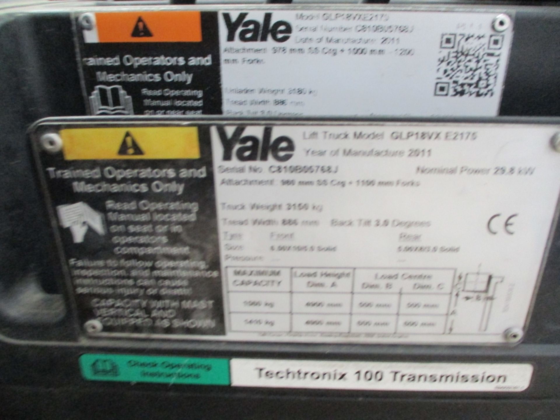 YALE GLP18VX E2175 Plant LPG / CNG - VIN: C810B05768J - Year: 2011 - 3,066 Hours - 4.9M Triplex - Image 3 of 8