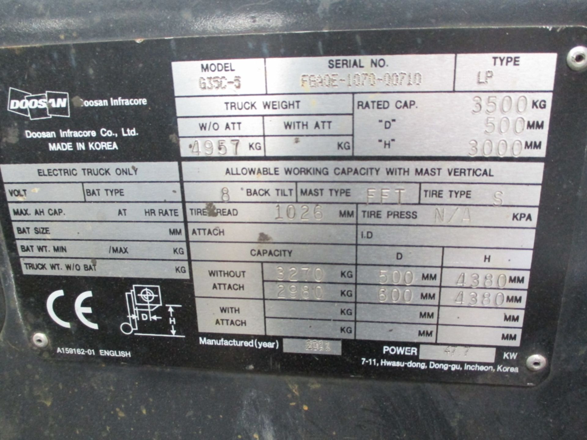 DOOSAN G35D Plant LPG / CNG - VIN: FGA0E10700071D - Year: 2011 - 6,211 Hours - 3M Triplex - Image 7 of 7