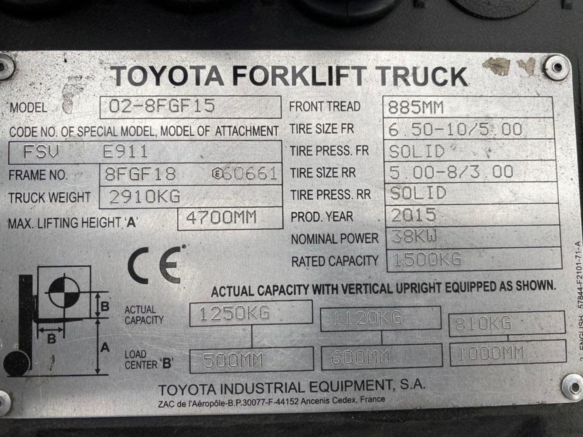 TOYOTA 02-8FGF15 Plant LPG - VIN: 8FGF18E60661 - Year: 2015 - 4.7M Triplex Forklift, Sideshift, - Image 5 of 5