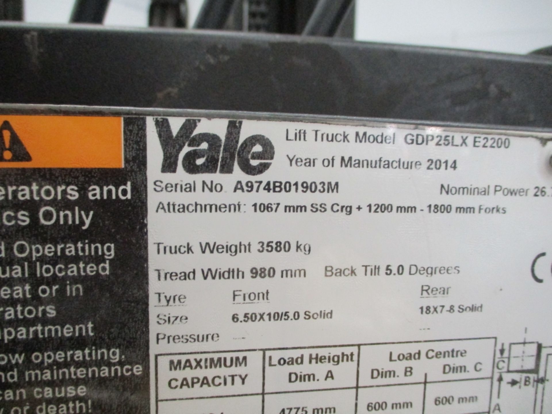 YALE GDP25LX Plant Diesel - VIN: A974B01903M - Year: 2014 - 2,546 Hours - 4.75M Triplex Forklift, - Image 3 of 6