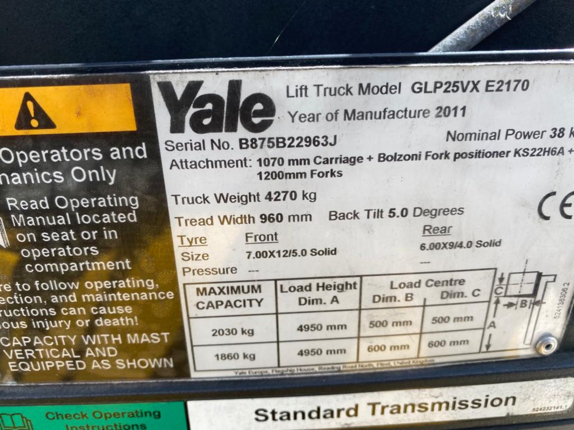 YALE GLP25VX E2170 Plant LPG - VIN: B875B22963J - Year:2011 Triplex Forklift, Hydraulic Fork - Image 3 of 6