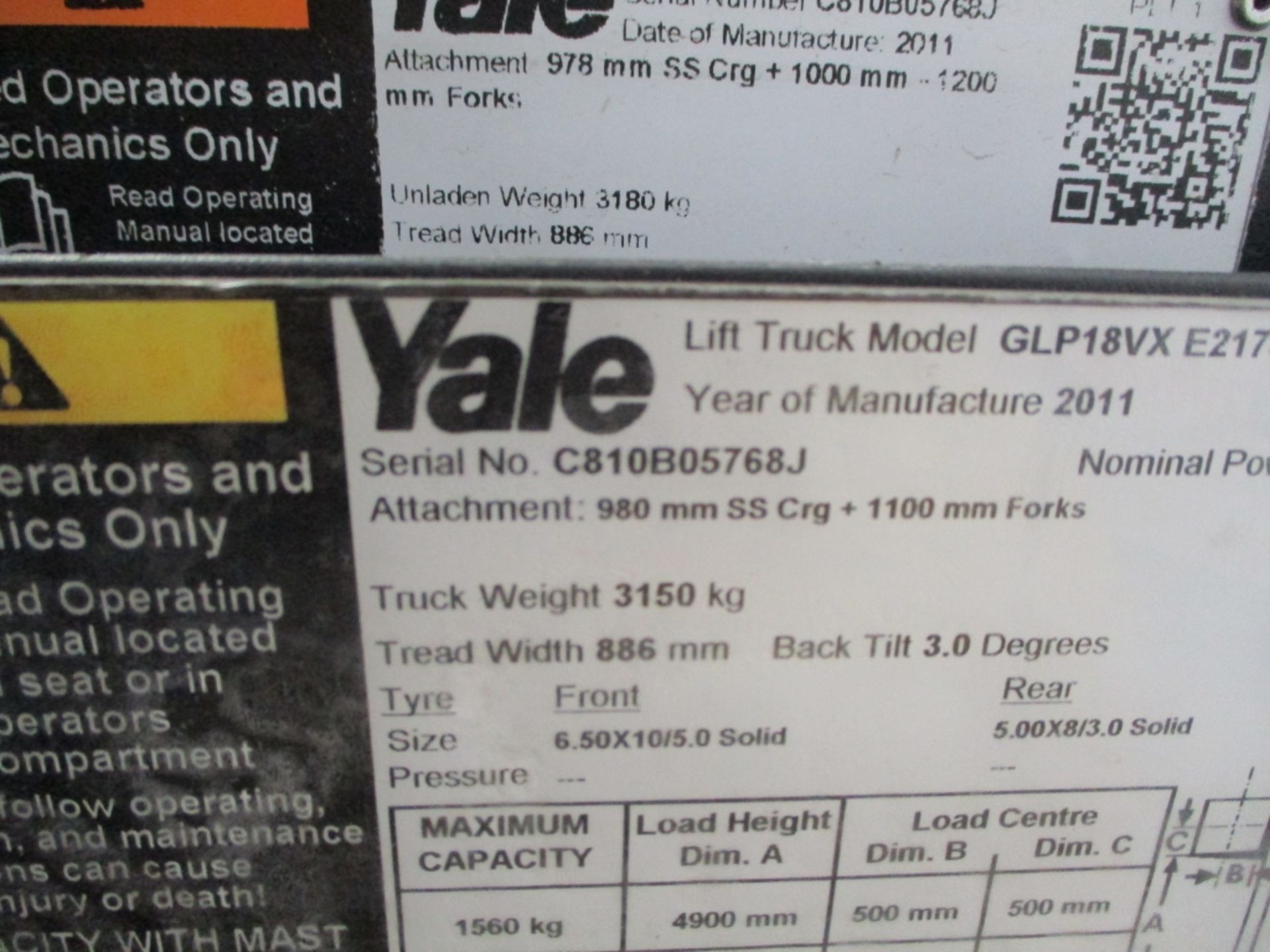 YALE GLP18VX E2175 Plant LPG / CNG - VIN: C810B05768J - Year: 2011 - 3,066 Hours - 4.9M Triplex - Image 5 of 8