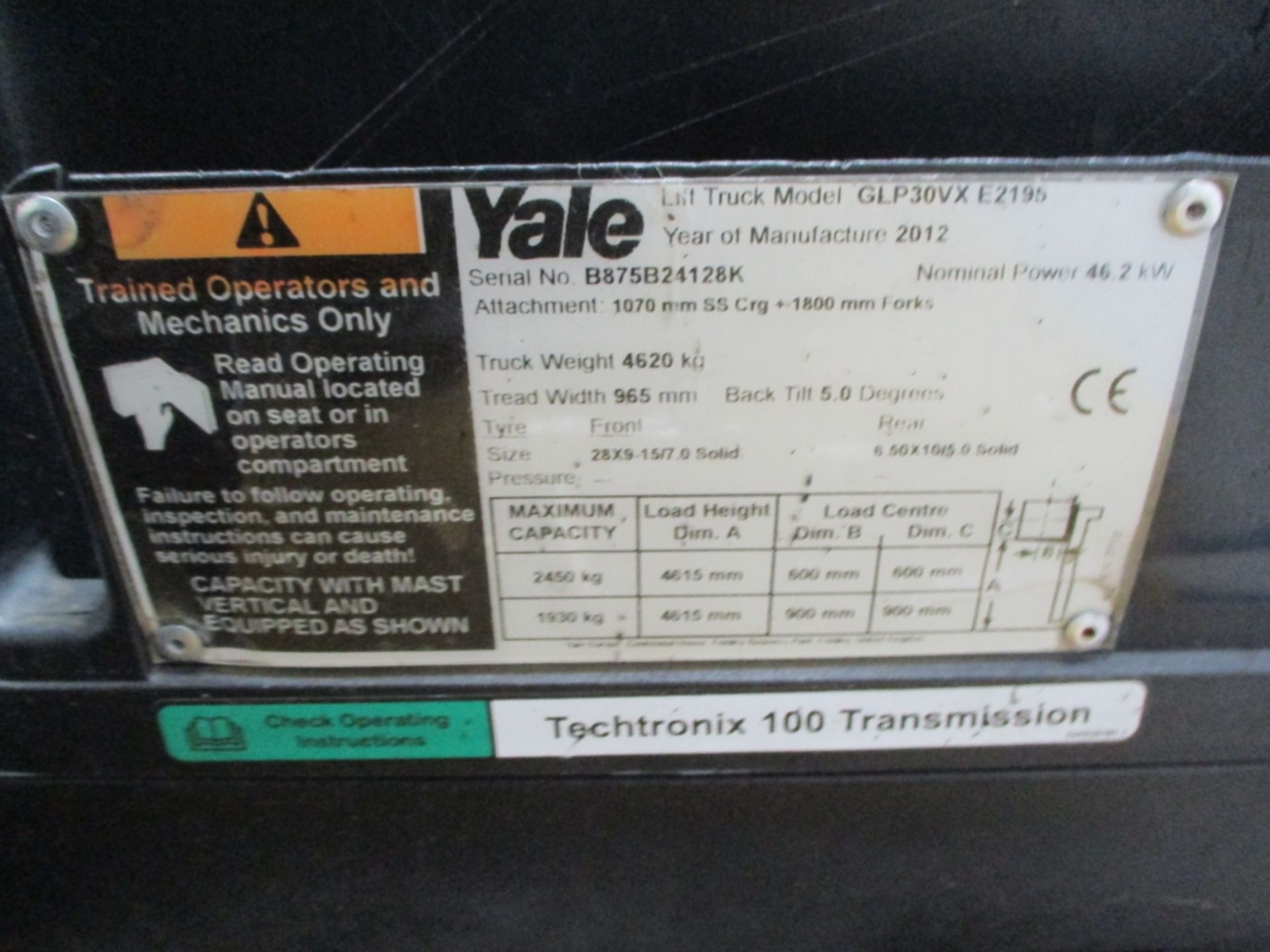 YALE GLP20VX E2195 Plant LPG / CNG - VIN: B875B24128K - Year: 2012 - 2,228 Hours - 4.6M Triplex - Image 3 of 7