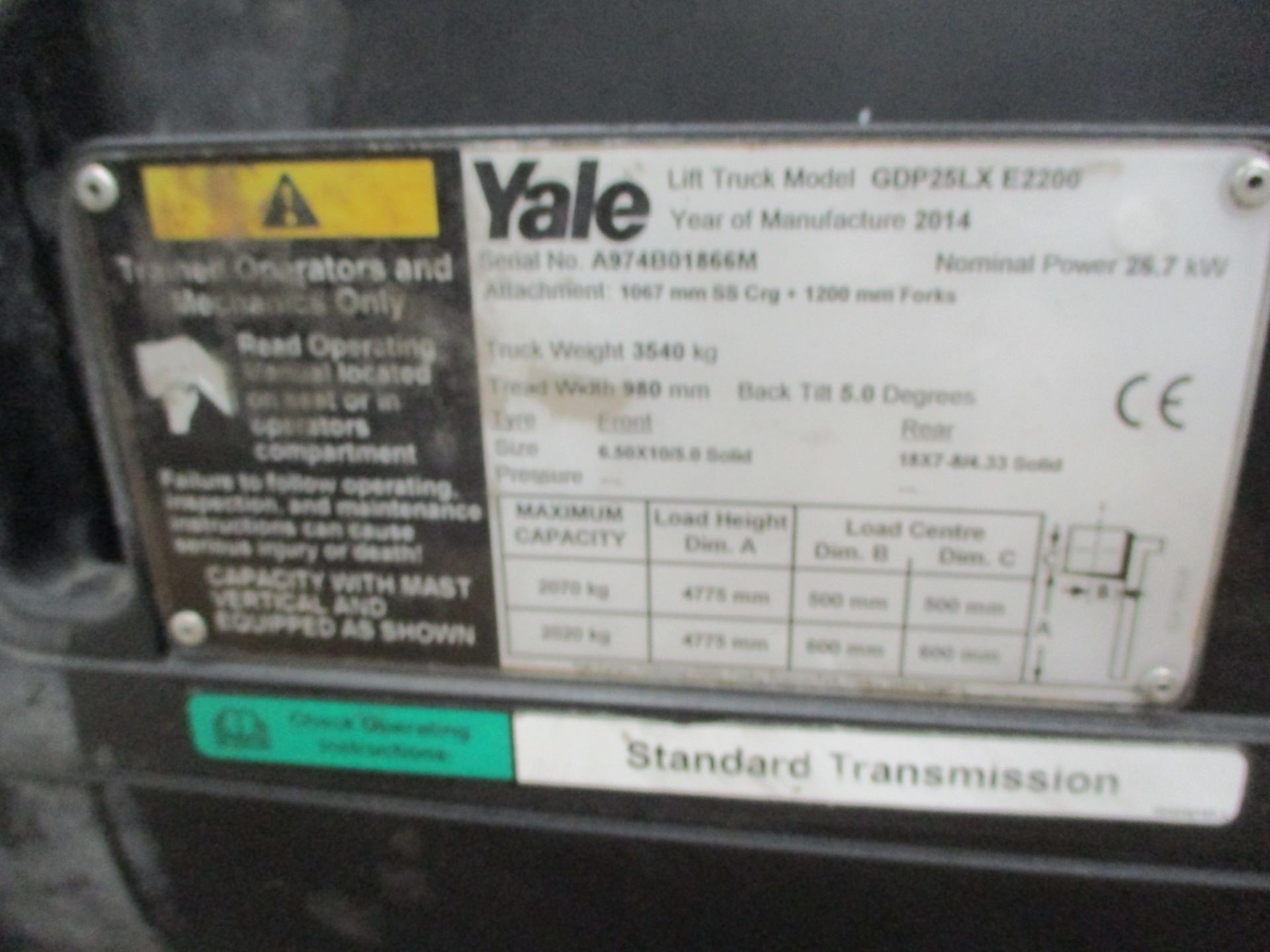 YALE GDP25LX E2200 Plant Diesel - VIN: A974B01866M - Year: 2014 - 3,355 Hours - Duplex Forklift, - Image 5 of 6