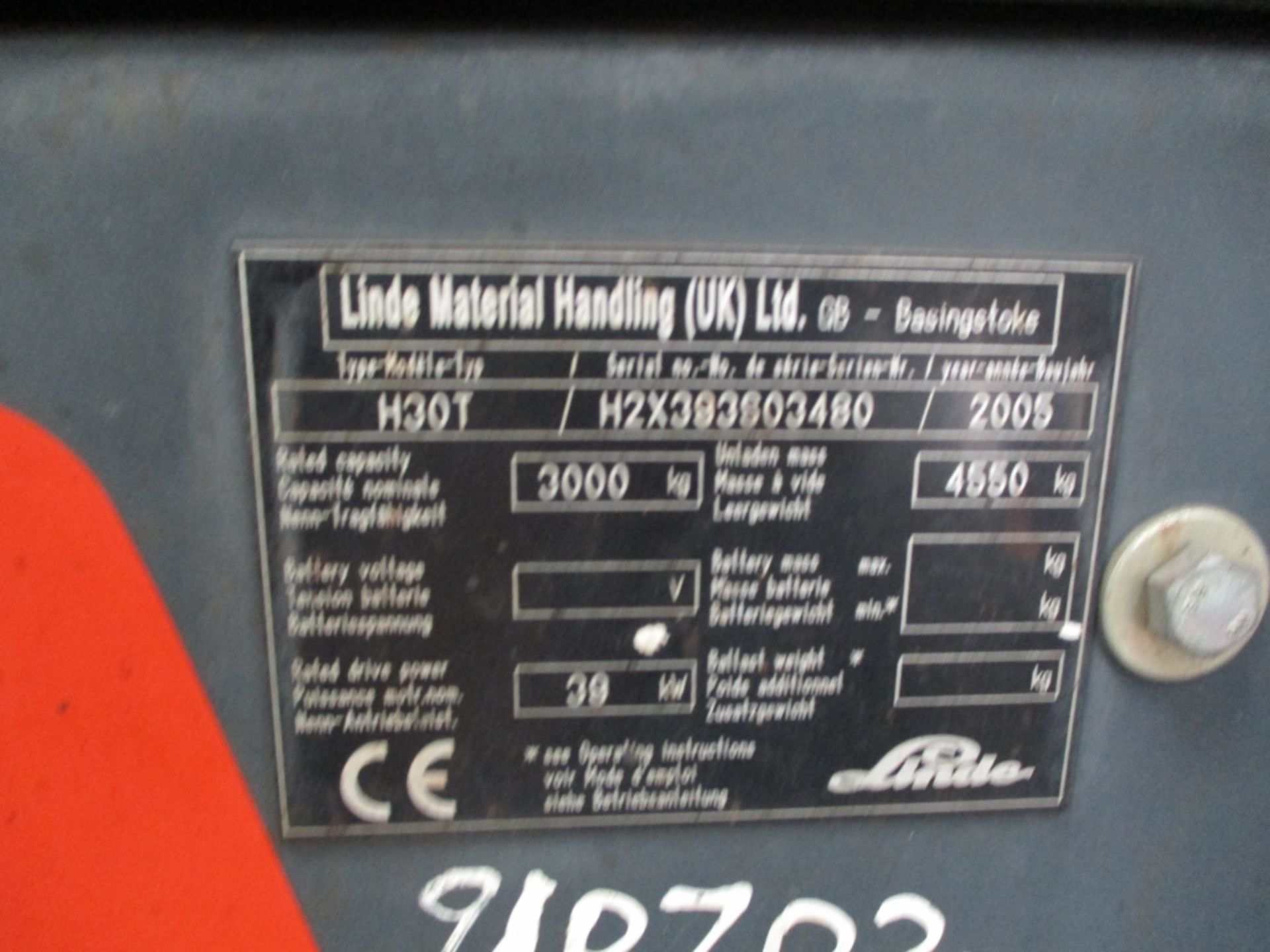 LINDE H30 Plant LPG / CNG - VIN: H2X393S03480 - Year: 2005 - 10,609 Hours - Duplex Forklift, R.D. - Image 3 of 7