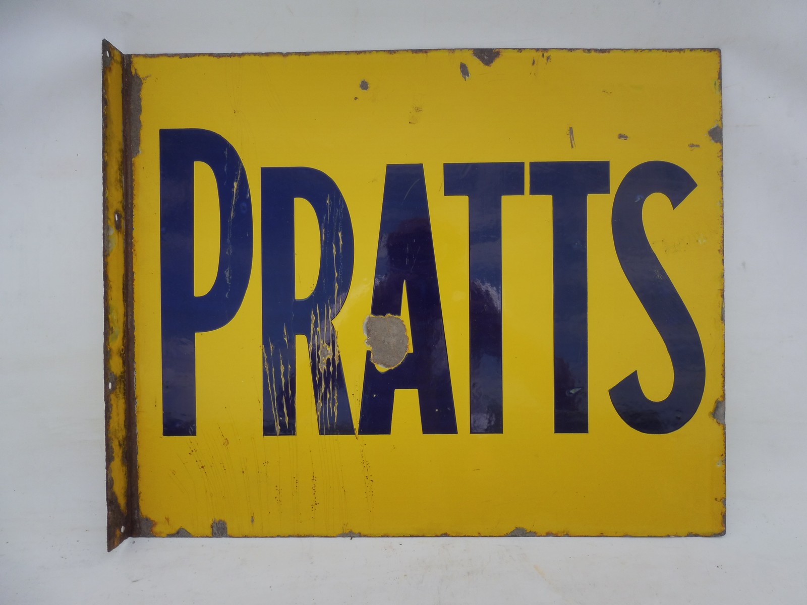A Pratts double sided enamel sign with hanging flange, with good colour and gloss, 22 x 18".
