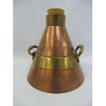A copper and brass mounted conical half gallon measure by De Grave Short & Co. Ltd., London, stamped