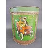 A large Continental cylindrical bonbon tin, illustrated all round with sporting teams plus an