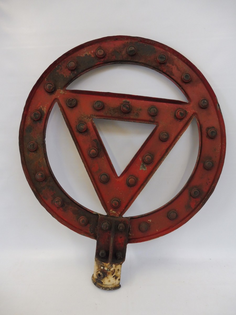 A circular warning sign inset with red reflective discs. - Image 2 of 2