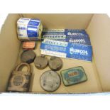 A small selection of collectables including a National Benzole padlock, Bluecol slide rules etc.