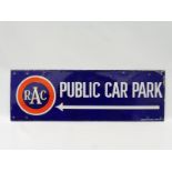 A 1920s RAC Public Car Park directional double sided rectangular enamel sign by Bruton of Palmers