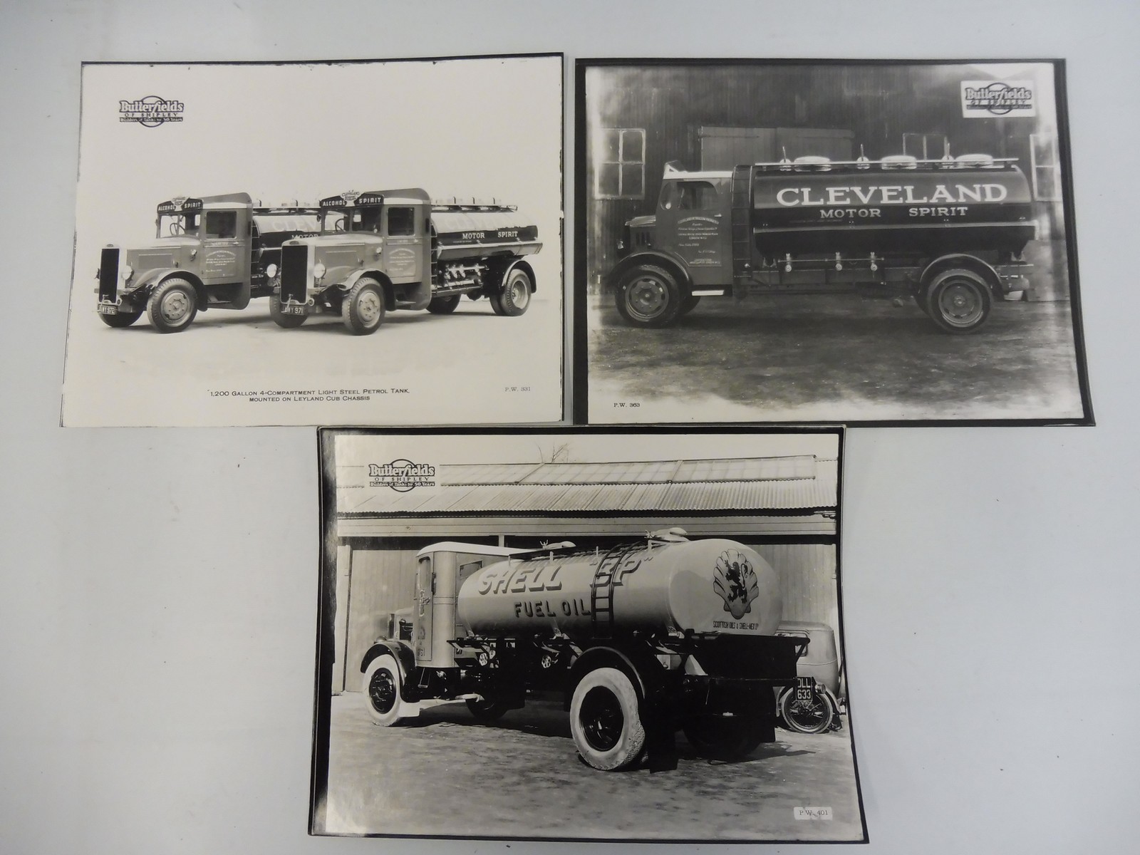 Three black and white photographs from Butterfields of Shipley, two depicting tankers carrying